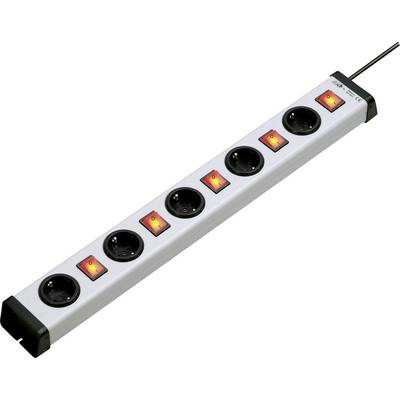 Multipresa con sei prese elettriche, dotata di interruttori singoli di accensione/spegnimento per ogni presa, con angoli smussati.