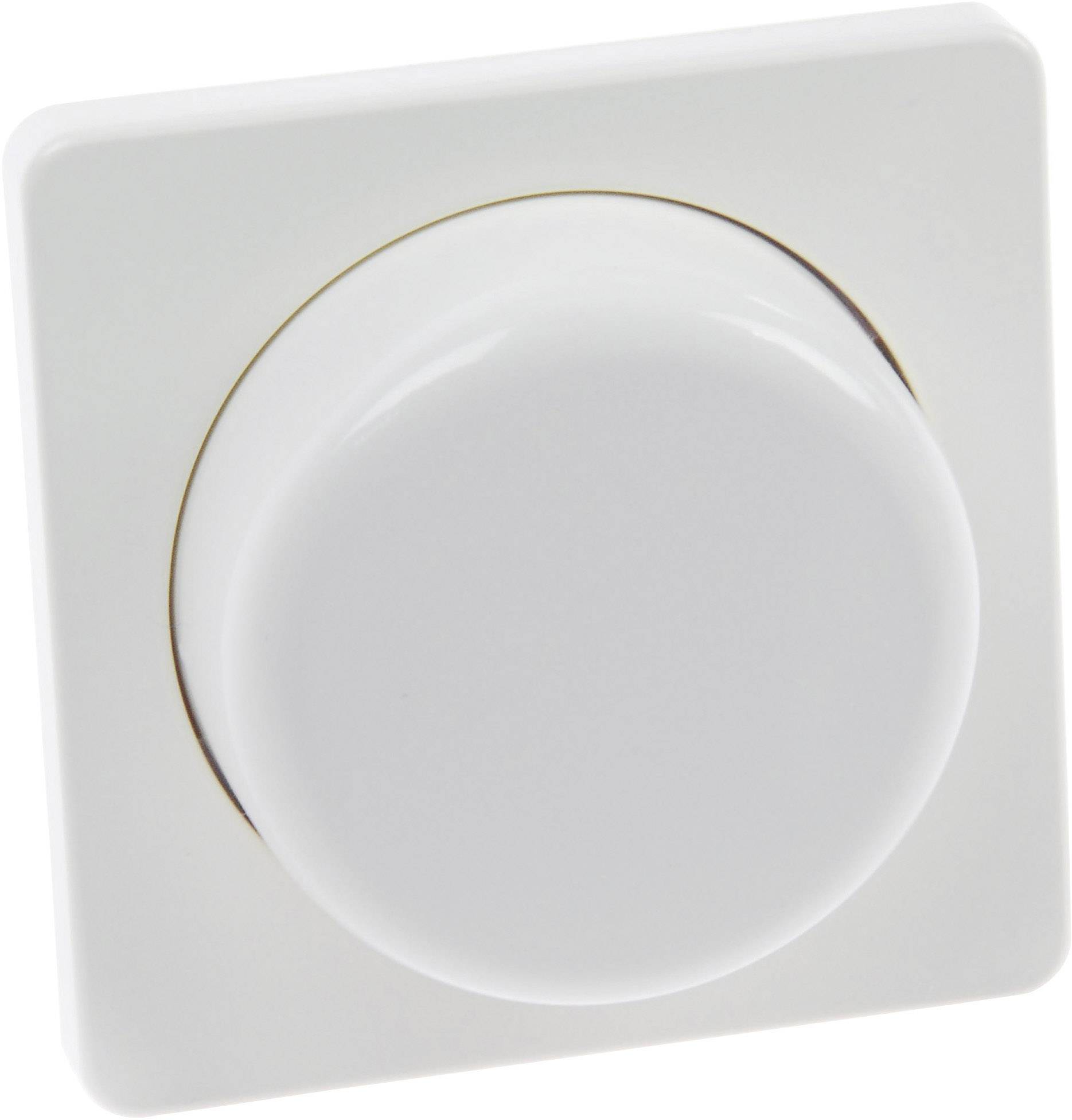 Un dimmer bianco quadrato montato su una parete, probabilmente utilizzato per regolare la luminosità di una lampada.