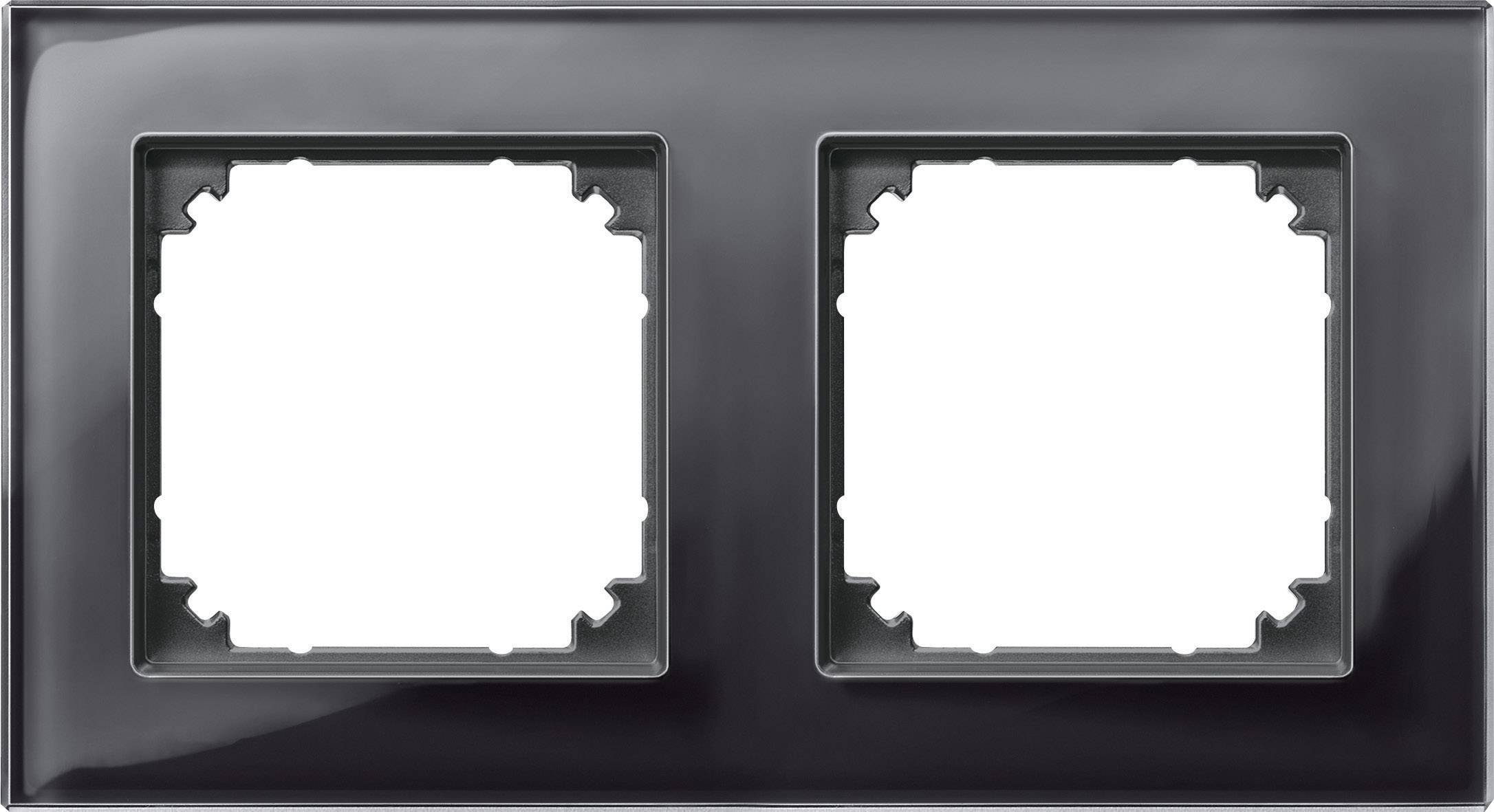 Cornice doppia nera per due prese elettriche, forma rettangolare, superficie lucida.