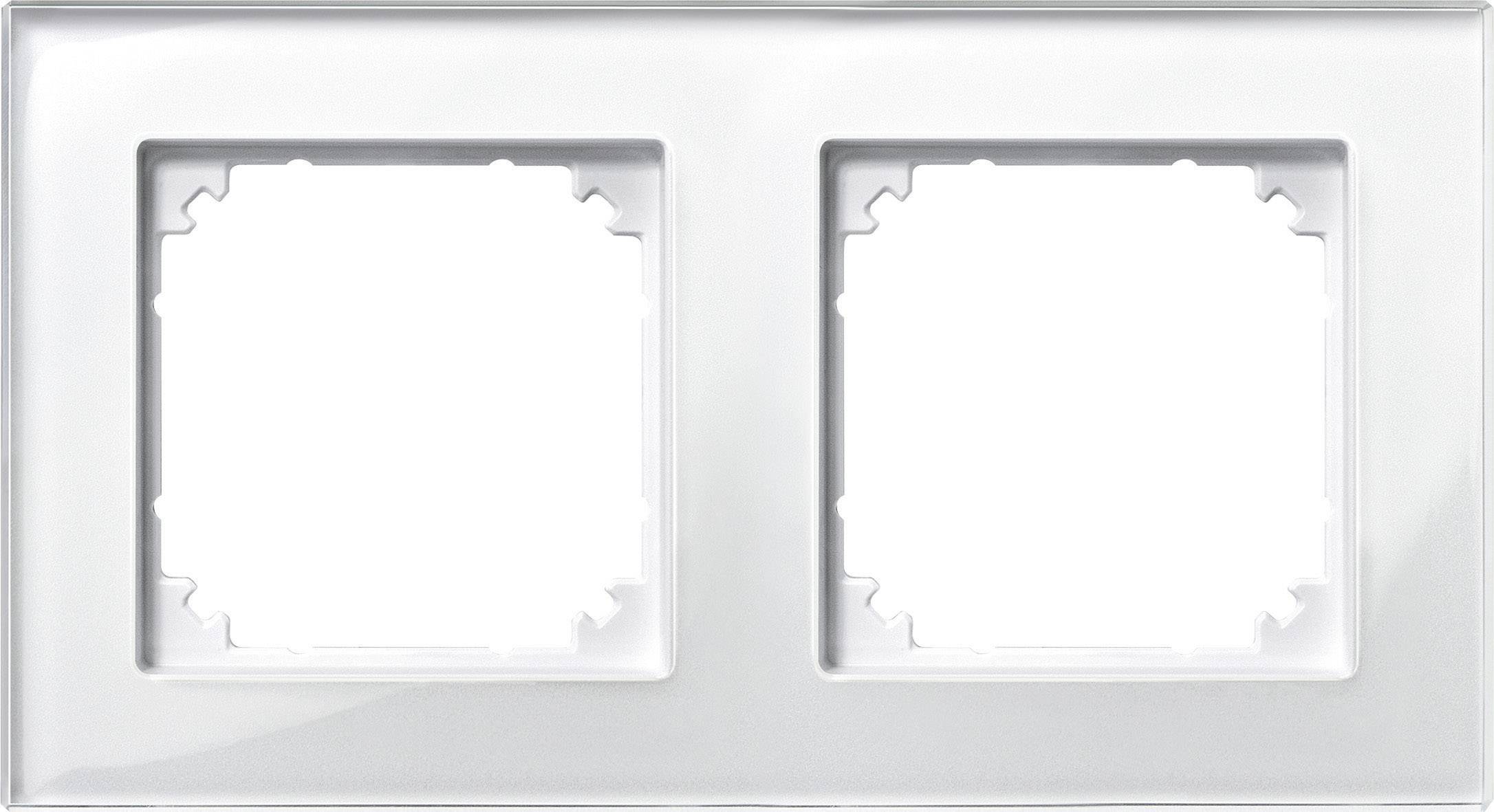 Placca cornice doppia bianca per interruttori o prese elettriche, con due tagli quadrati, finitura lucida.