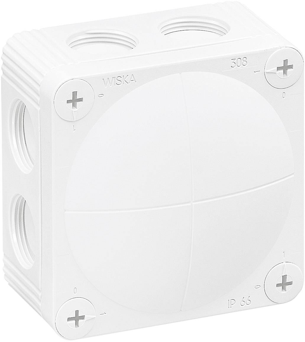 Un involucro quadrato bianco in plastica con ingressi cavi rotondi su tutti i lati, classificato IP66, idoneo per uso esterno.