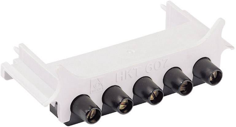 Un supporto bianco rettangolare con cinque alloggiamenti cilindrici neri che supportano componenti elettronici.