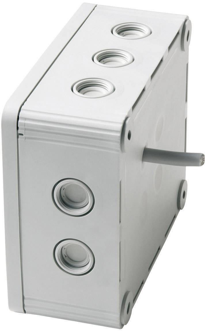 Scatola di distribuzione elettronica con multiple aperture per cavi, con un cavo collegato, idonea per installazioni elettriche.