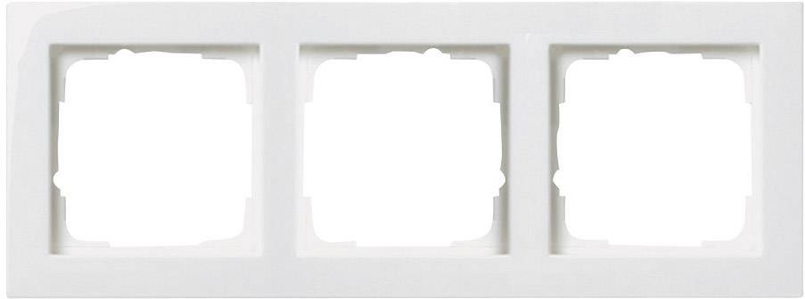 Un telaio bianco in plastica con tre spazi vuoti per interruttori o prese elettriche. Formati quadrati disposti in fila.
