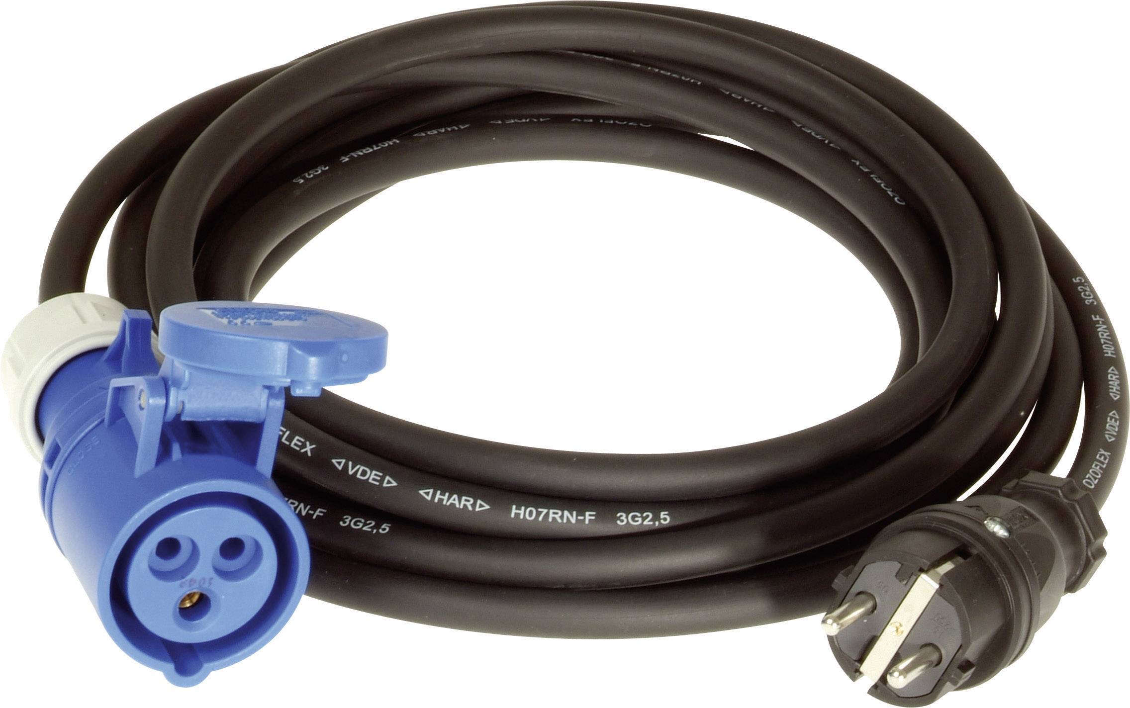 Un cavo di prolunga nero con una spina CEE blu e una spina Schuko nera.