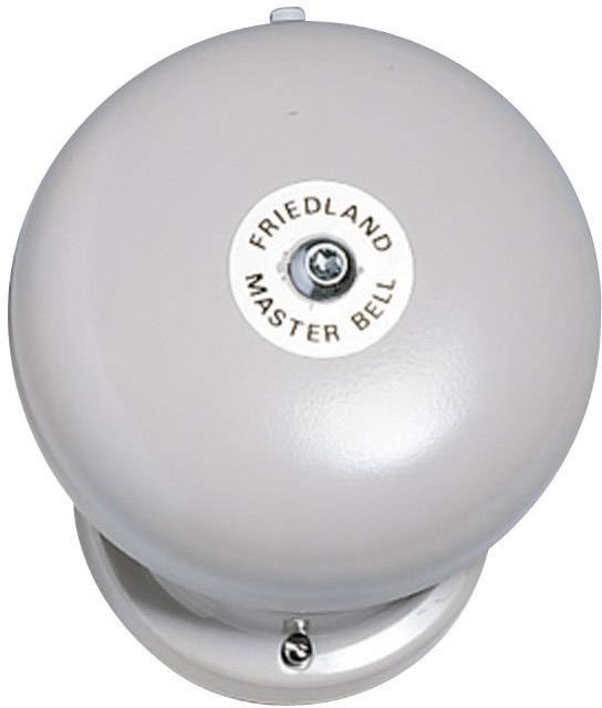 Una campana grigia con l'iscrizione 'Friedland Master Bell' al centro, presumibilmente utilizzata per segnali acustici in edifici.
