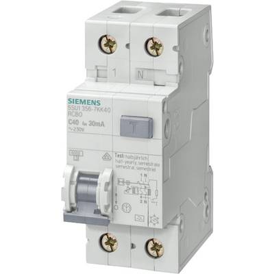 Un interruttore differenziale magnetotermico Siemens bipolare con etichette: 'C40', '30mA'. È idoneo per la protezione e il distacco in caso di sovraccarico o cortocircuito.