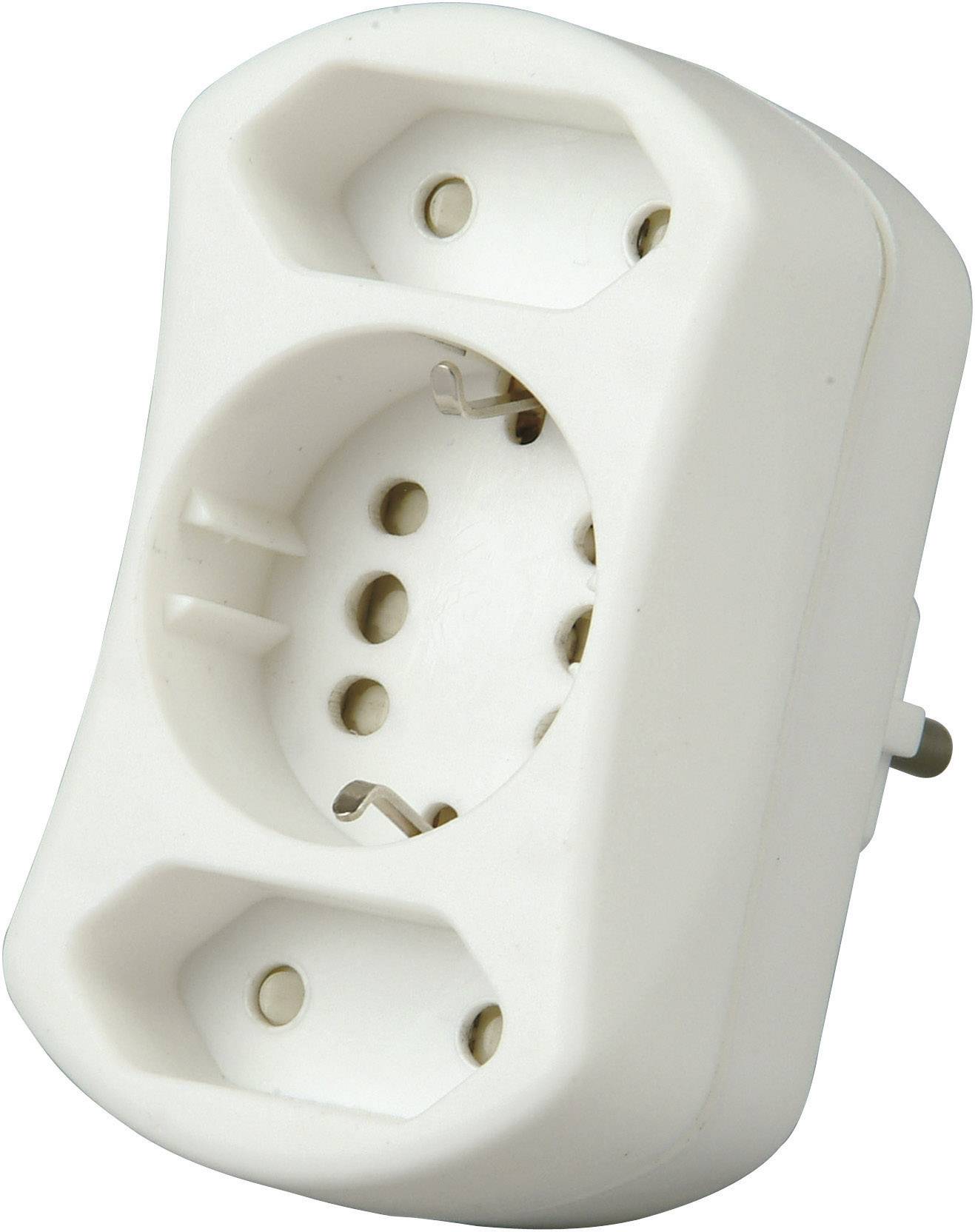 Presa multipla bianca a tre vie con slot laterali, per ampliare le possibilità di collegamento in un'installazione a parete.