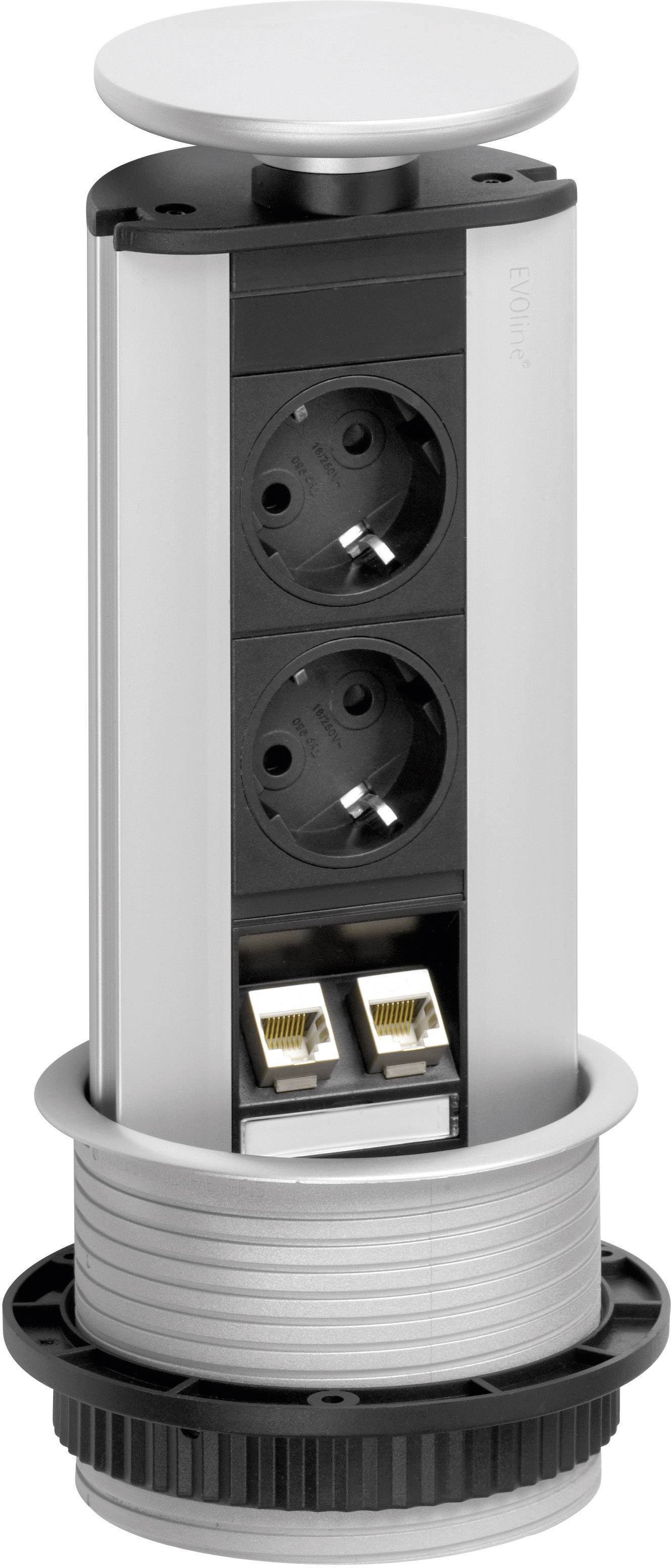 'Unità di prese da tavolo con due socket e due connessioni Ethernet, in forma cilindrica ed estraibile, per scrivanie da ufficio.'