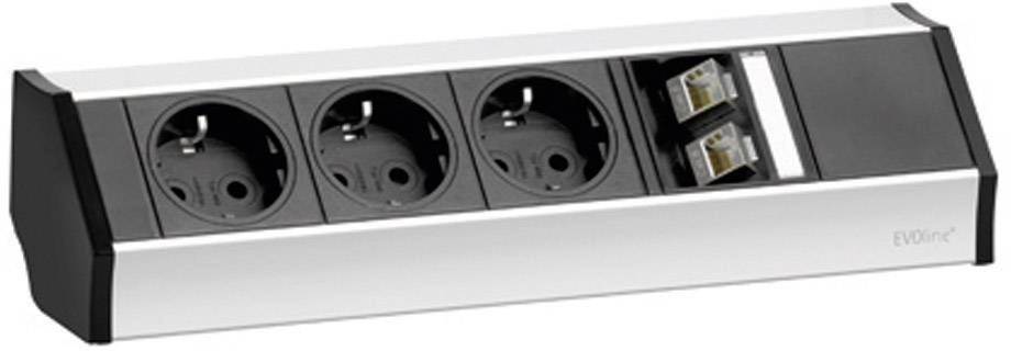 Multipresa da tavolo nera e argento con tre prese elettriche e due interfacce di rete, ideale per applicazioni da ufficio.