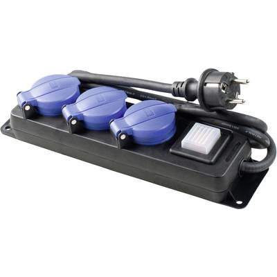 Blocco multipresa nero con tre coperture protettive blu e un interruttore, collegato a un cavo di alimentazione nero e una spina.