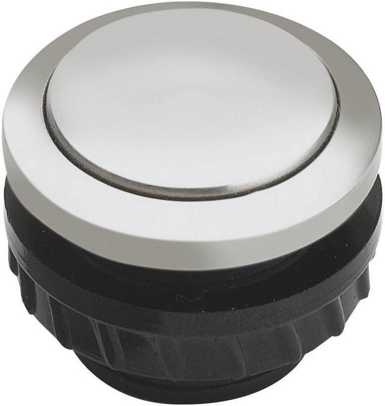 Bottone rotondo argentato su base nera, spesso utilizzato come interruttore in dispositivi elettronici.