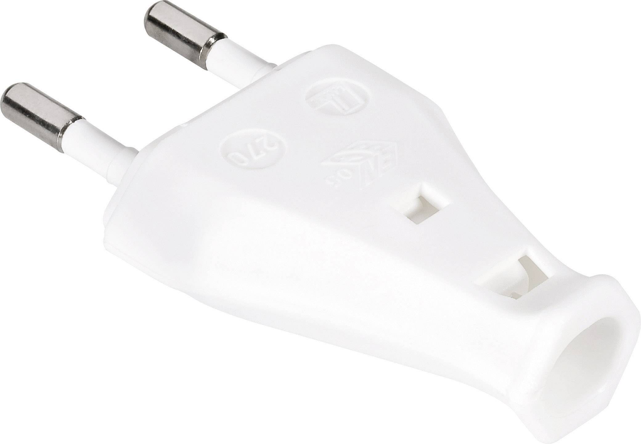 Adattatore Europlug bianco con due spine circolari e un involucro piatto, utilizzato per collegare dispositivi elettrici alle prese di corrente.