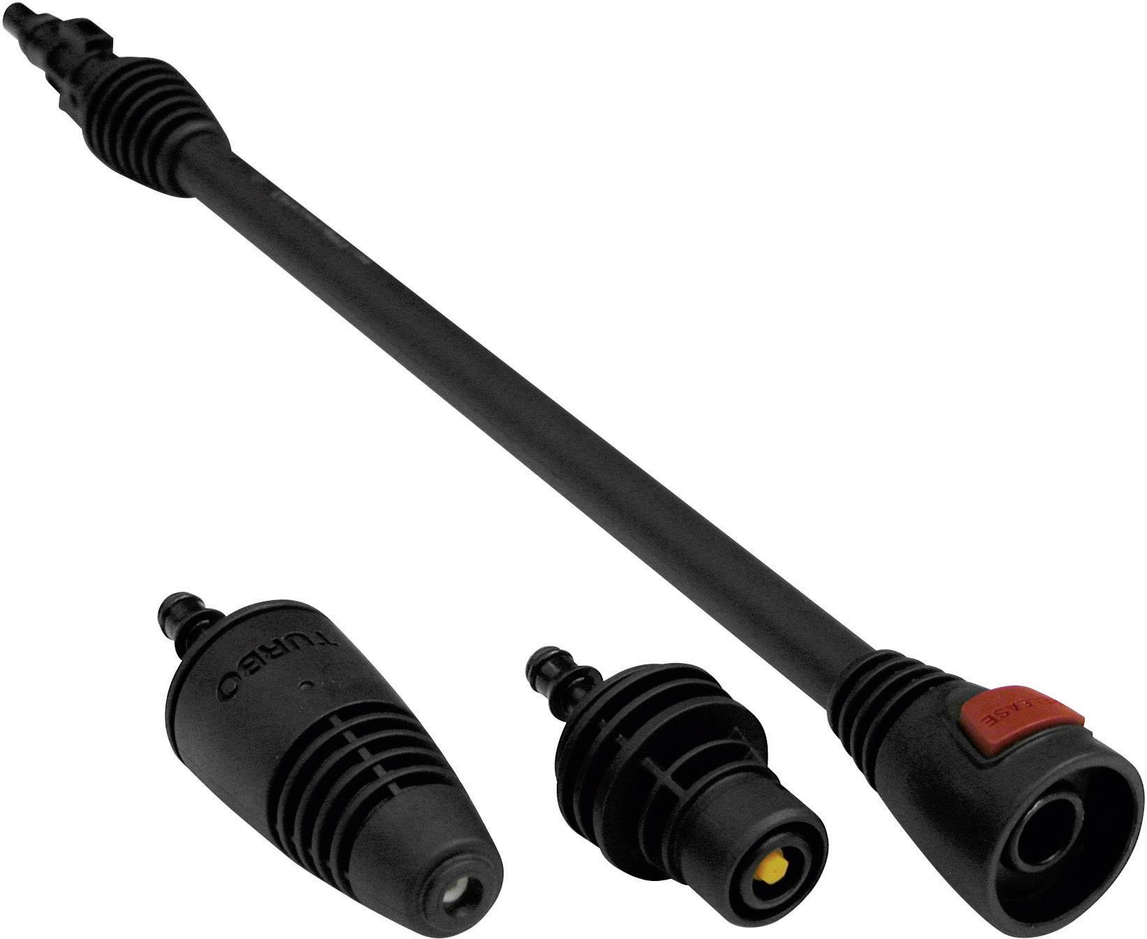 Tre accessori per idropulitrice neri disposti uno accanto all'altro: un'asta di prolunga, un ugello conico e un adattatore a baionetta.