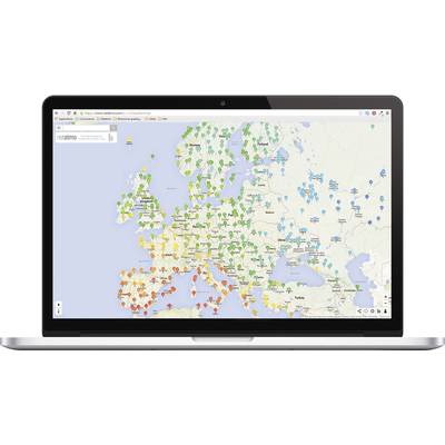 Mappa dell'Europa sullo schermo di un laptop, con marker codificati a colori in diversi paesi per stazioni meteorologiche o dati simili.