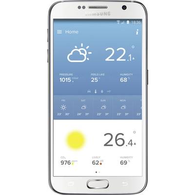 Smartphone con app meteo: simbolo del sole, temperatura 22,1°C, pressione atmosferica 1015 mbar, umidità 68%, mostra temperature settimanali.