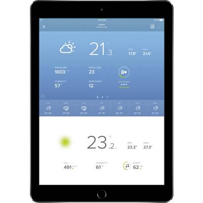 Tablet mostra l'app dei dati meteorologici con 21,3°C, minima 17,8°C, massima 21,6°C, pressione atmosferica 1003 hPa, umidità 82%, previsioni per i prossimi giorni.