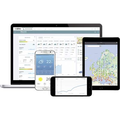 Quattro dispositivi mostrano dati meteorologici: un laptop, un tablet e due smartphone. Gli schermi presentano diagrammi e previsioni del tempo.