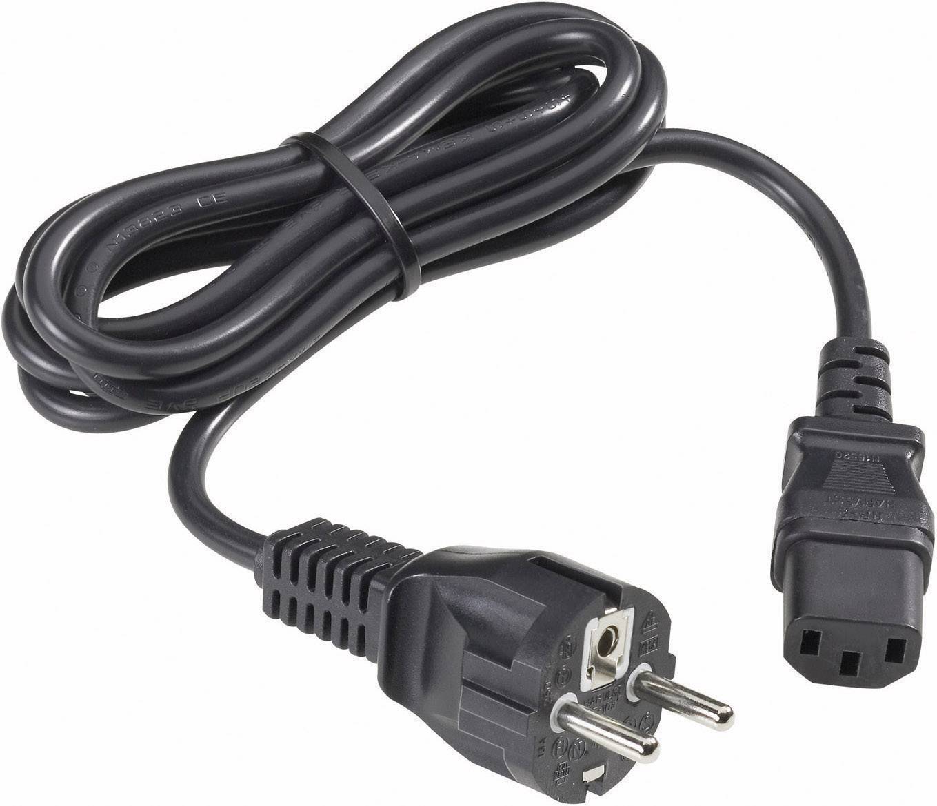 Cavo di rete nero con spina europea a sinistra e spina IEC a destra, disposto ad anello.