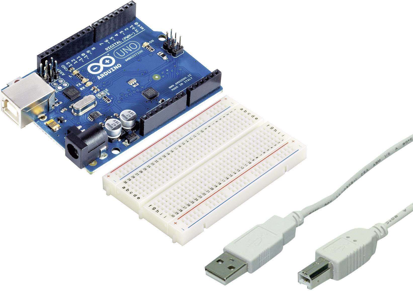 Acquista Kit scheda Arduino UNO + cavo di collegamento USB 2.0 + breadboard  da Conrad
