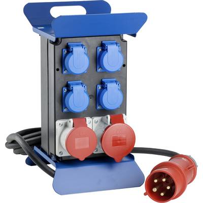 Scatola di distribuzione mobile blu con sei prese blu e due rosse, una delle quali con cavo collegato.