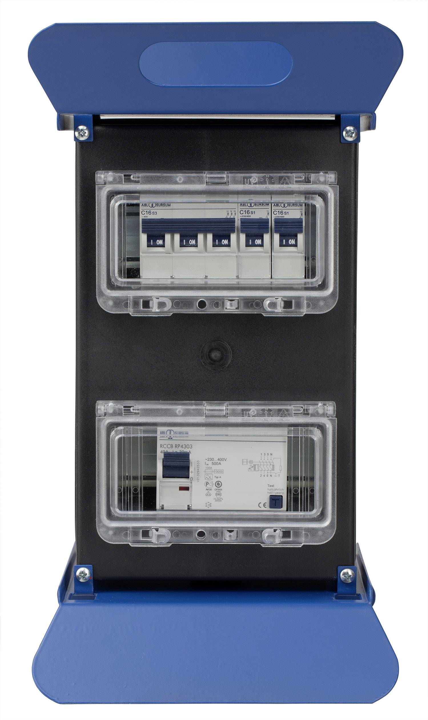 Un quadro elettrico mobile blu e nero con diversi interruttori automatici e interruttori di protezione, con elementi di comando disposti sopra.