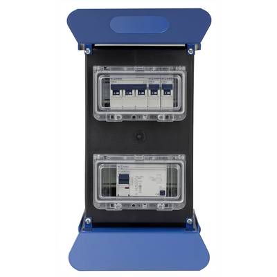 Un quadro elettrico mobile blu e nero con diversi interruttori automatici e interruttori di protezione, con elementi di comando disposti sopra.