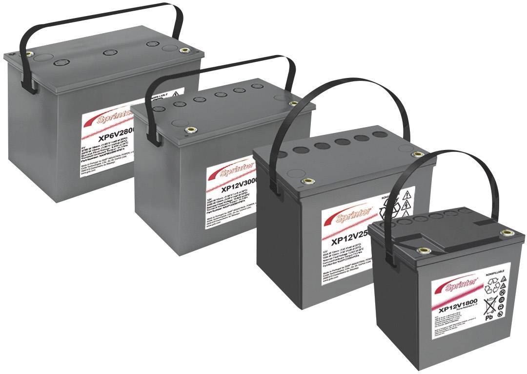 Quattro batterie grigie di dimensioni diverse con impugnature, disposte in fila da sinistra a destra. Tutte portano la stessa etichetta.