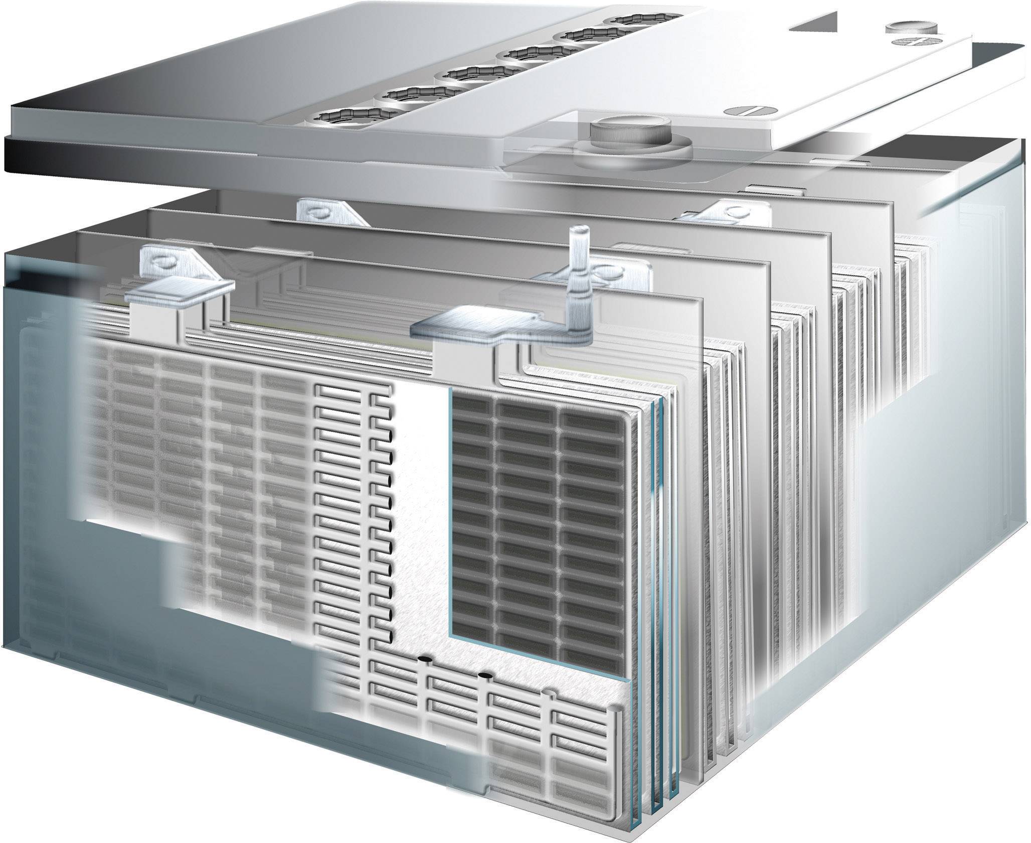 Sezione trasversale di una batteria per auto con più piastre stratificate e morsetti in un involucro trasparente, che mostra la struttura interna.