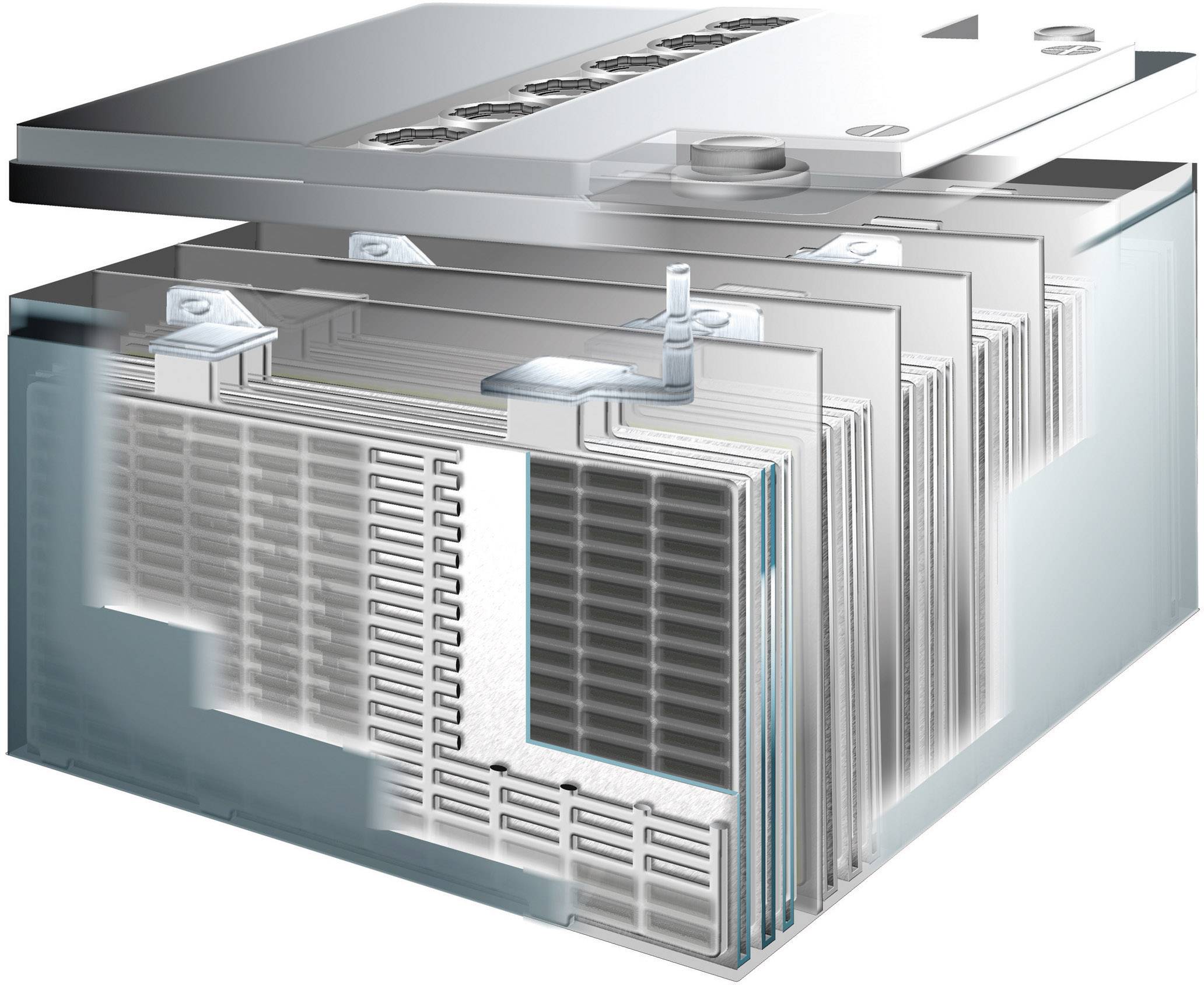 Rappresentazione in sezione di una batteria al piombo e acido con piastre e connessioni visibili, atta ad accumulare e fornire elettricità.