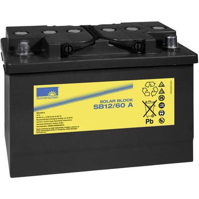 Batterie con etichetta gialla, marca 'Sonnenschein', modello 'Solar Block SB12/60 A', idonea per applicazioni solari.