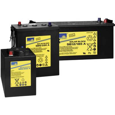 'Tre batterie solari Sonnenschein: SB6/200 A, SB6/330 A e SB12/185 A, con etichette gialle. Adatte per applicazioni solari.'