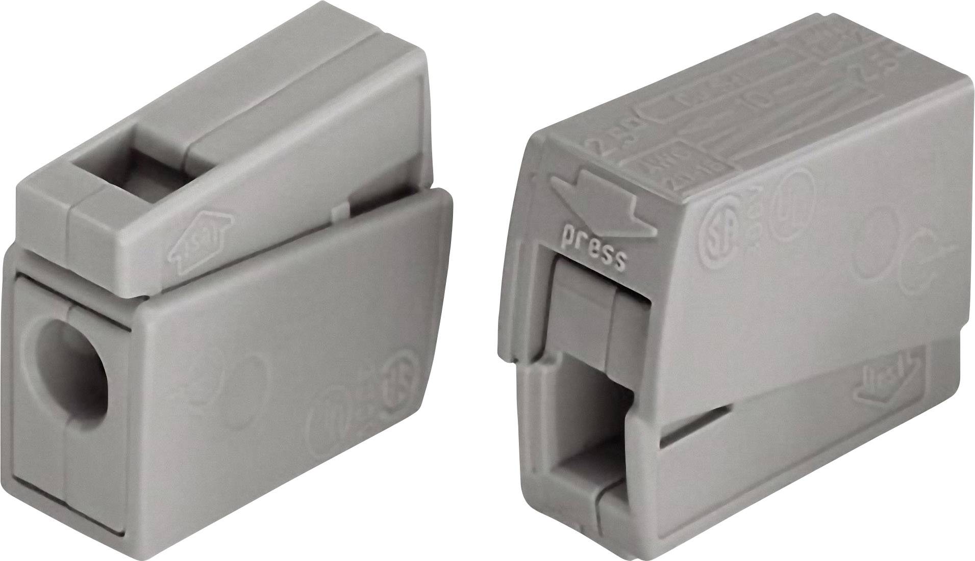 Due connettori grigi in plastica con scritta 'press' per collegare facilmente fili elettrici senza l'uso di utensili.