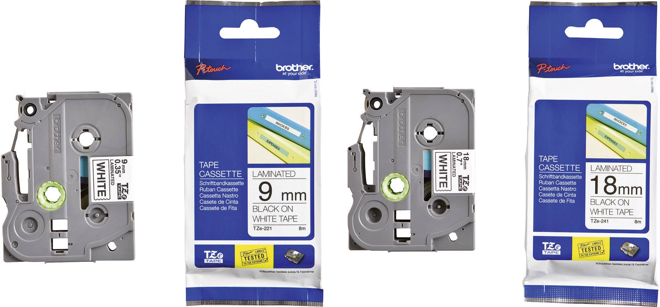 Tre cassette di nastri per etichettatrice Brother in diverse dimensioni: 6 mm, 9 mm e 18 mm, ciascuna con stampa nera su nastro bianco.