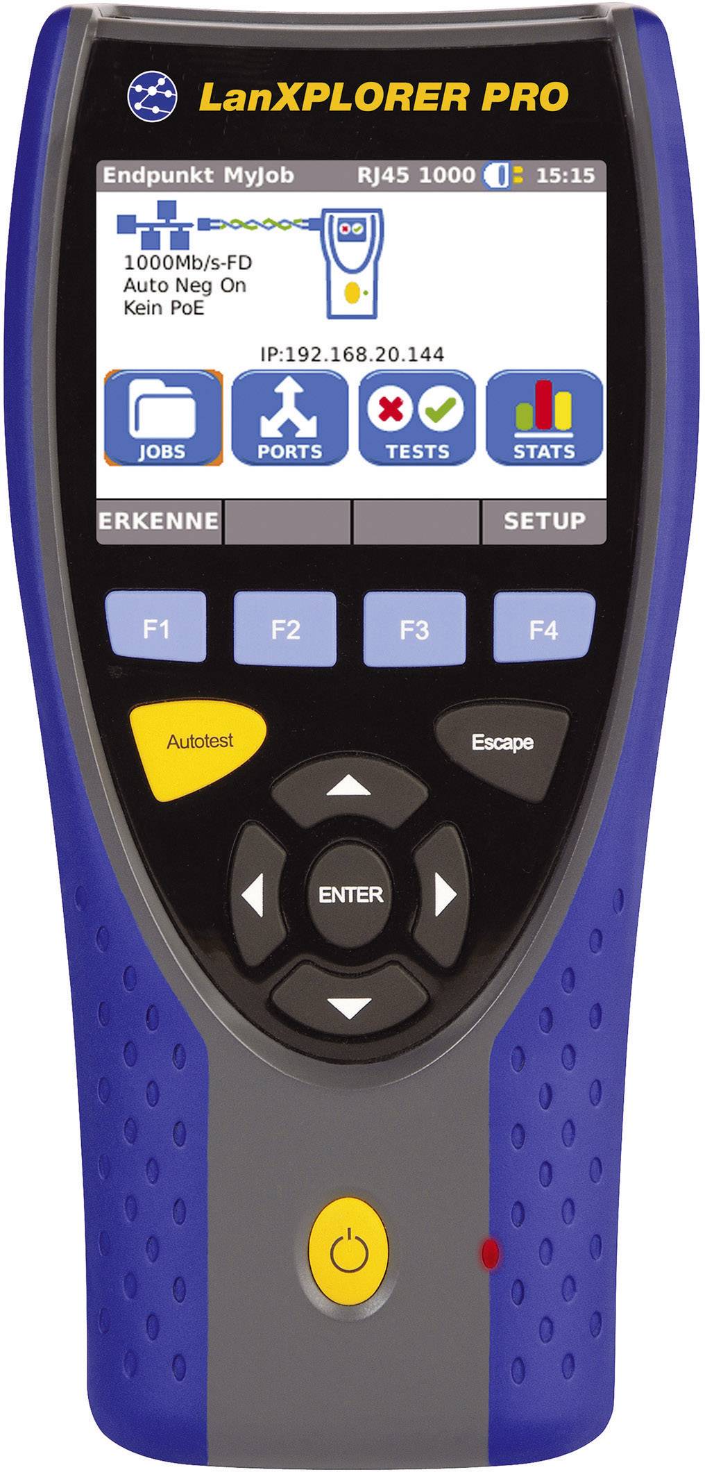 Tester di rete 'LanXPLORER PRO' mostra sul display lo stato della rete, la connessione ('RJ45 1000') e le opzioni per 'Rileva' e 'Configurazione'.