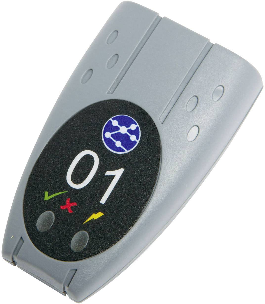 Un dispositivo grigio con un display ovale mostra i numeri '01', simboli verdi e rossi e un logo a cerchio blu con linee bianche.
