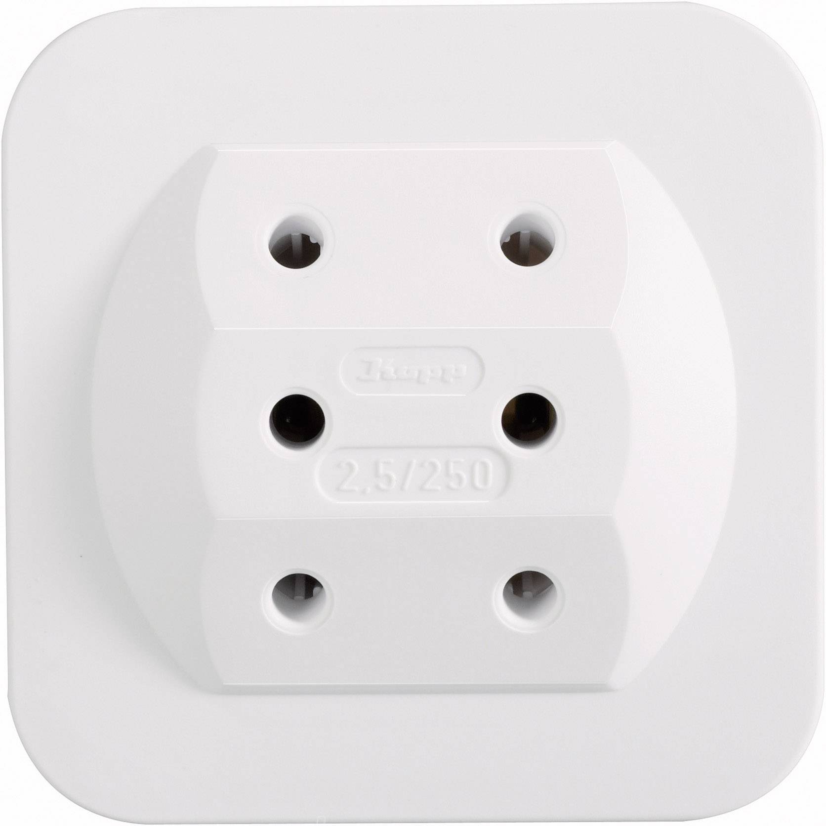 Un adattatore bianco per prese elettriche, con tre fori rotondi disposti su due file. Adatto per 2,5 A e 250 V.