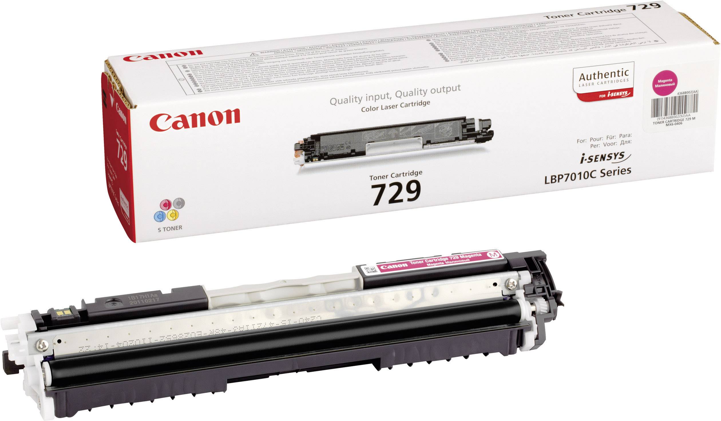 Cartuccia toner Canon Modello 729 per la serie i-Sensys LBP7010C, raffigurata davanti alla sua confezione.
