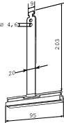 Schema di un componente metallico con misure: altezza 203 mm, larghezza 95 mm, diametro del foro 4,6 mm, braccio trasversale a 20 mm.