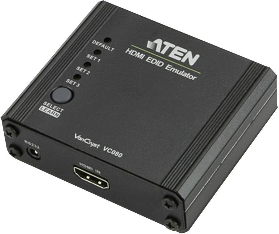 Piccolo emulatore HDMI EDID nero con molteplici opzioni di configurazione e ingresso HDMI. Modello: Aten VC080.