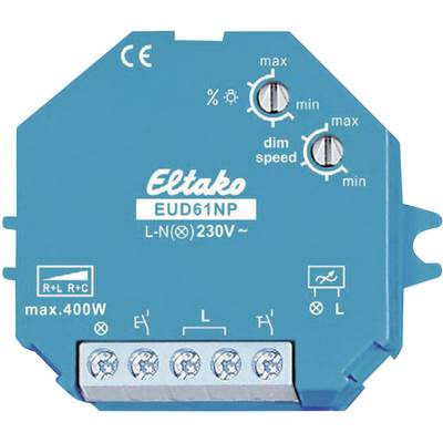 Dimmer 'Eltako EUD61NP', Blu, max. 400W, Tensione: 230V. Impostazioni: max/min. Velocità di dimmerazione, Simboli per funzioni, Marchio CE.