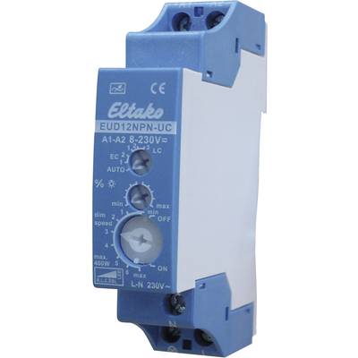 Relè elettronico in custodia blu, modello Eltako EUD12NPN-UC, per il controllo di dispositivi elettrici, tensione 8-230V.
