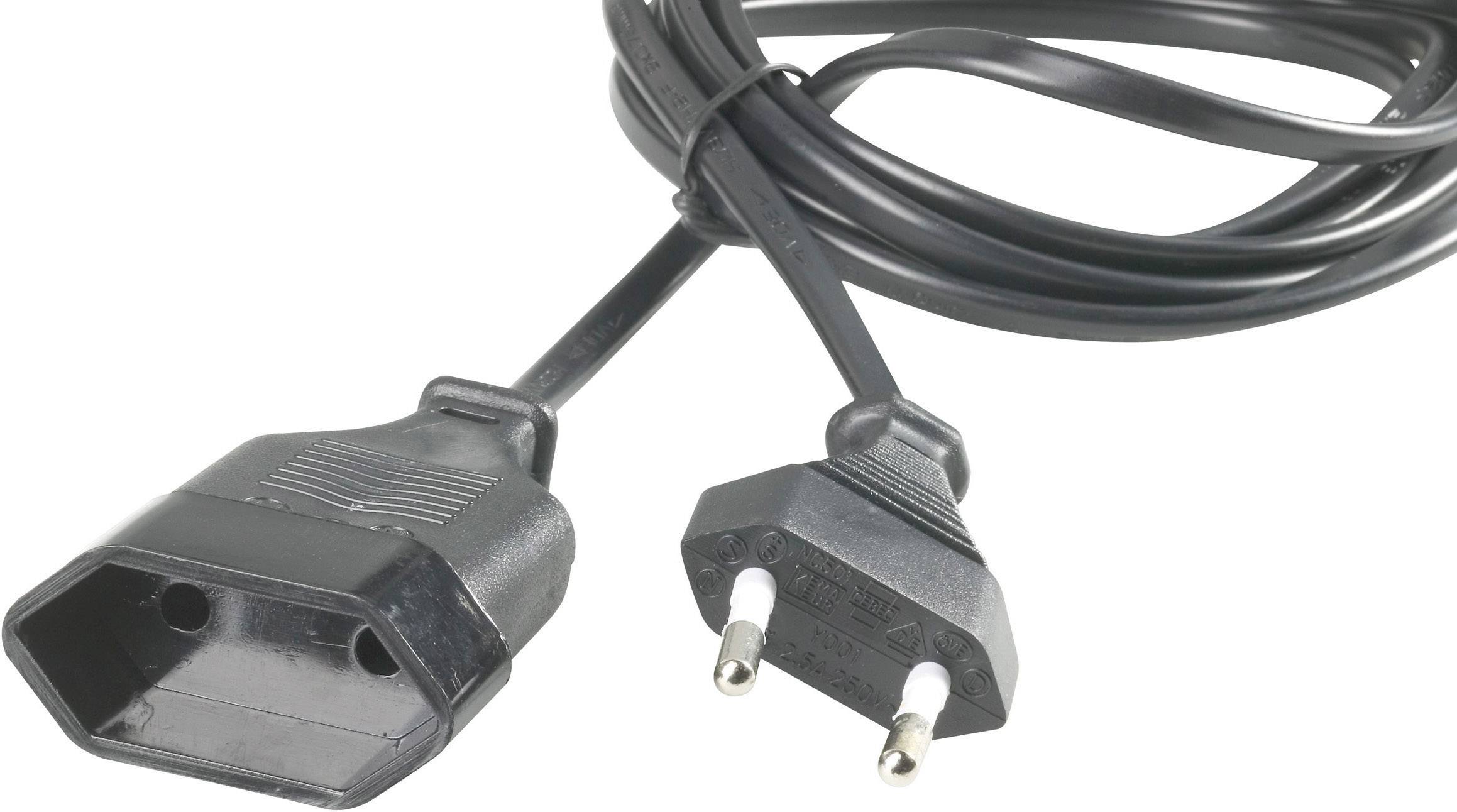 Cavo elettrico nero con spina europea e presa a tre poli, adatto per apparecchiature elettriche in Europa.
