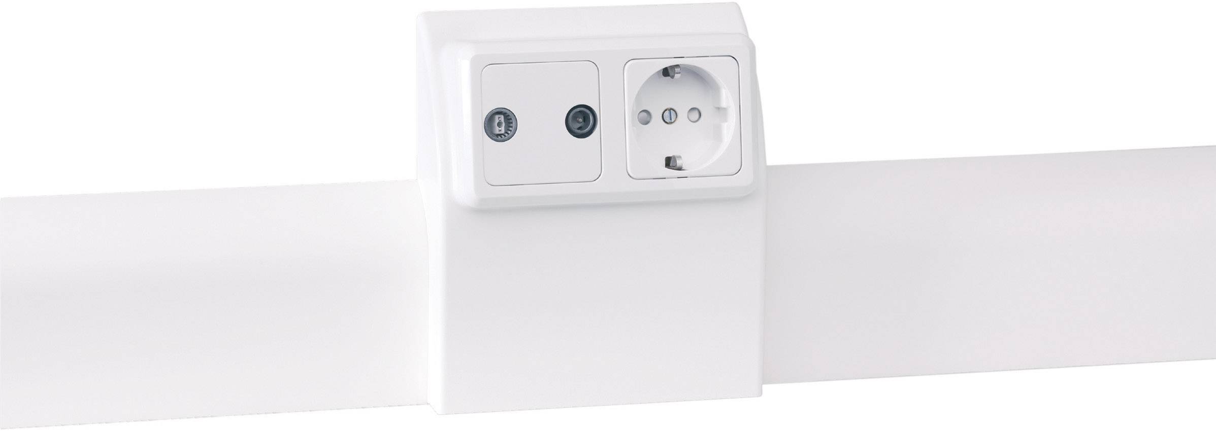 Presa elettrica bianca con interruttori, montata su una guida a parete. A sinistra due interruttori rotondi, a destra una presa tripla.