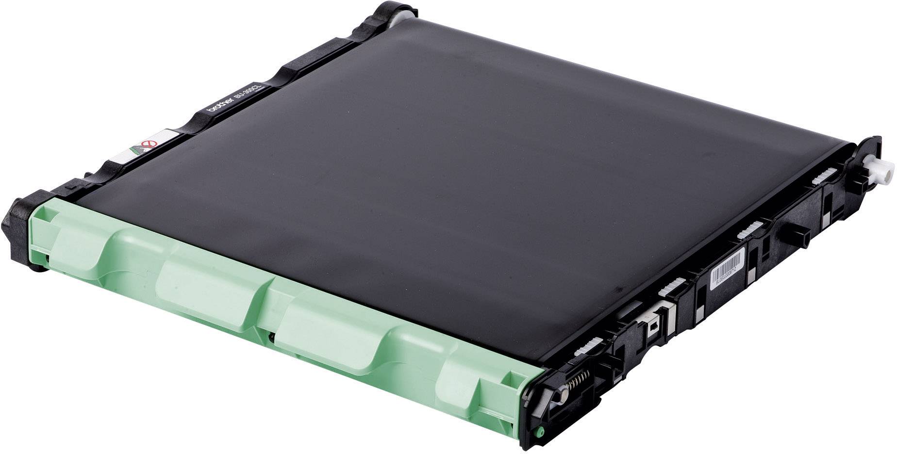 Un dispositivo rettangolare nero con bordi verdi, probabilmente un componente elettronico o un toner per stampante.