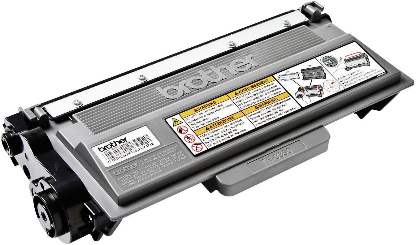 Cartuccia toner grigia del marchio Brother con avvertenze e istruzioni per l'uso sull'etichetta.