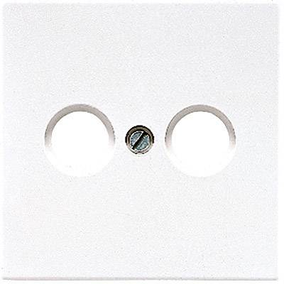 Una piastra di copertura bianca in plastica con due aperture rotonde e una vite centrale.
