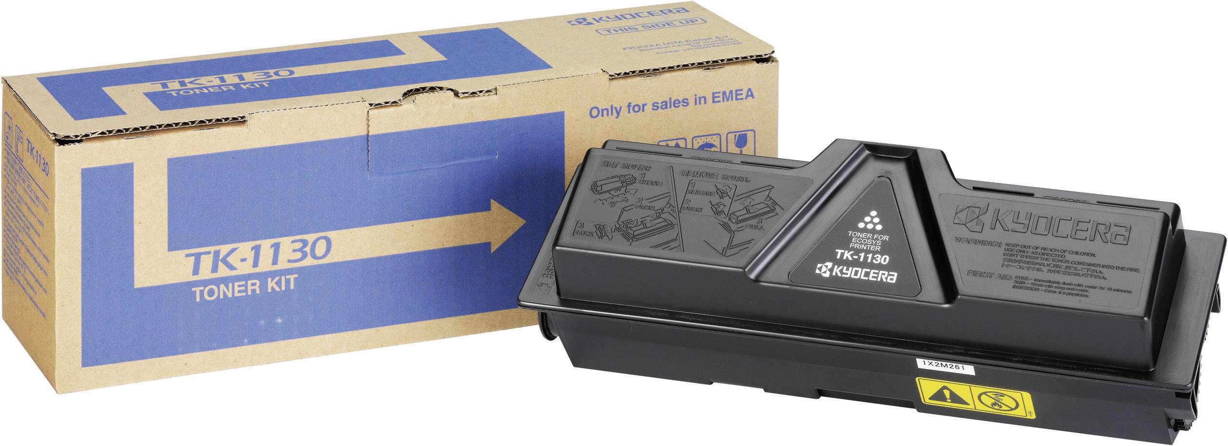 Kit toner TK-1130 di Kyocera, composto da una cartuccia toner nera e dalla relativa confezione, idoneo per l'utilizzo in stampanti.