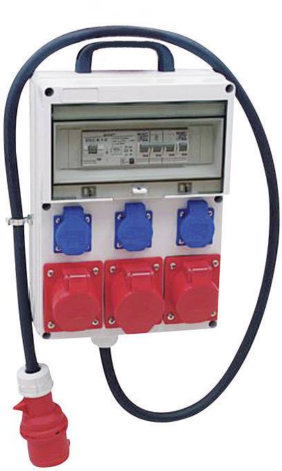 Un quadro elettrico mobile con diverse prese blu e rosse, circondato da un cavo.