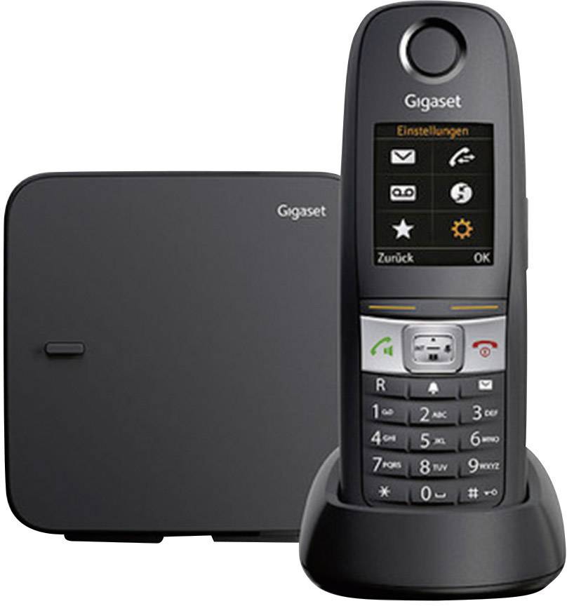 Telefono cordless con stazione di ricarica. Il display mostra un menu con 'Impostazioni'. Tastiera con numeri e tasti di controllo.